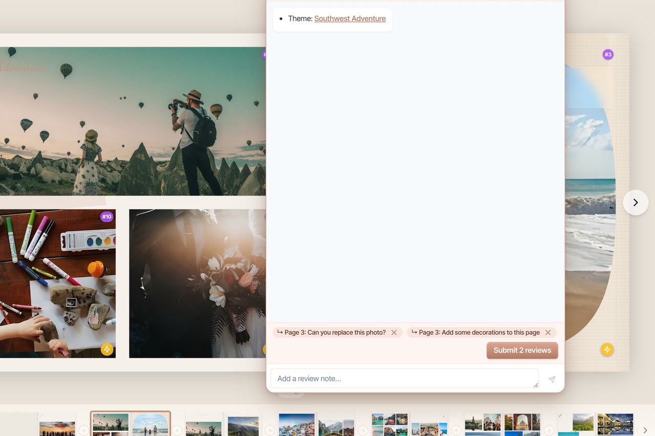 Review notes queued in the AI Album Designer chat panel, ready to submit together