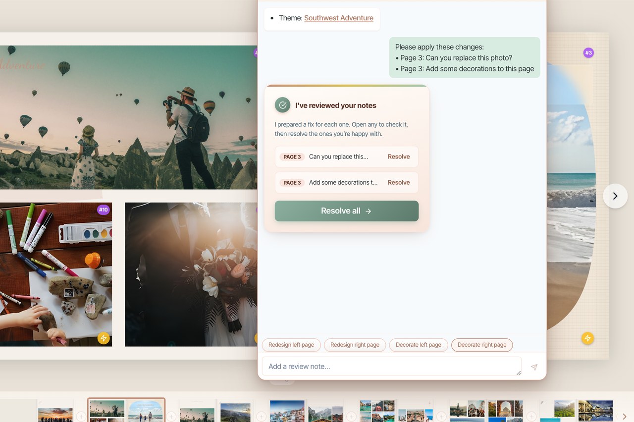 After submitting, the AI reviews every note and posts a summary card with a Resolve action for each