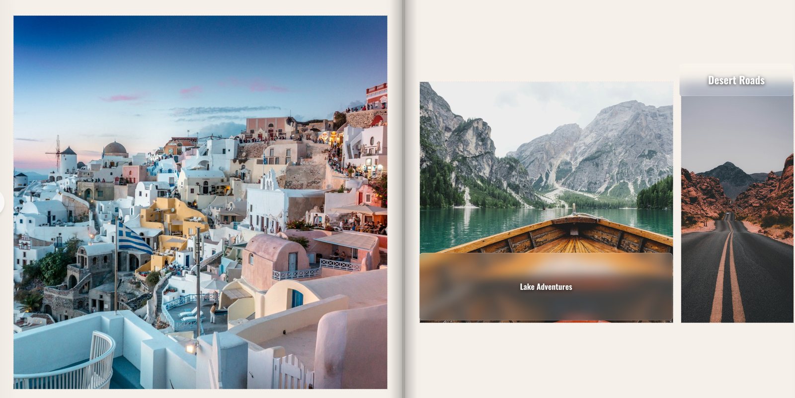 A finished Sustain album spread — travel photos laid out across two pages with chapter titles