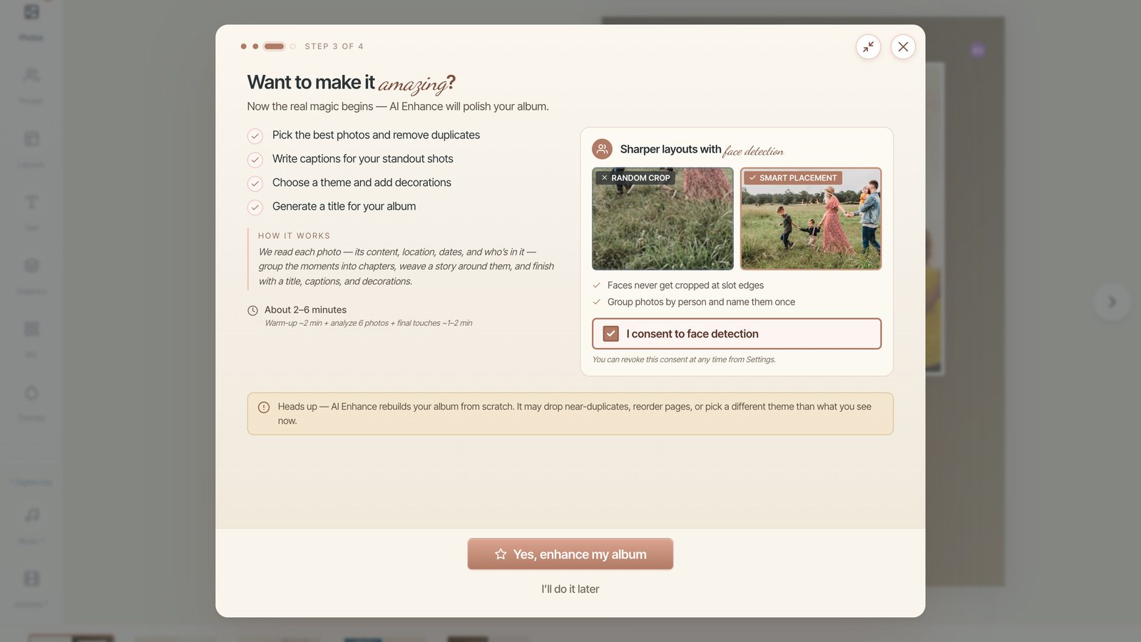 The AI Enhance offer — “Want to make it amazing?” — listing what Enhance does, with a face-detection option