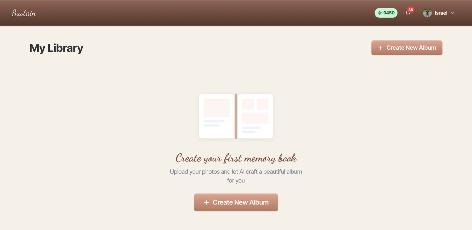 The empty My Library “Create your first memory book” screen with Create New Album buttons
