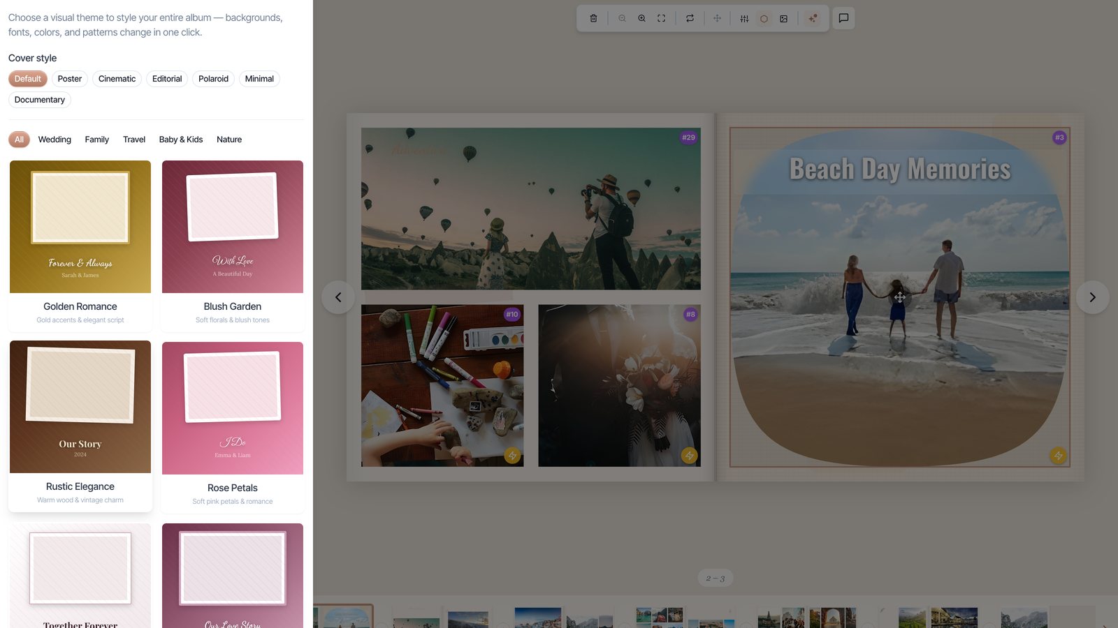 The Album Themes panel with cover-style presets and theme cards beside an album spread