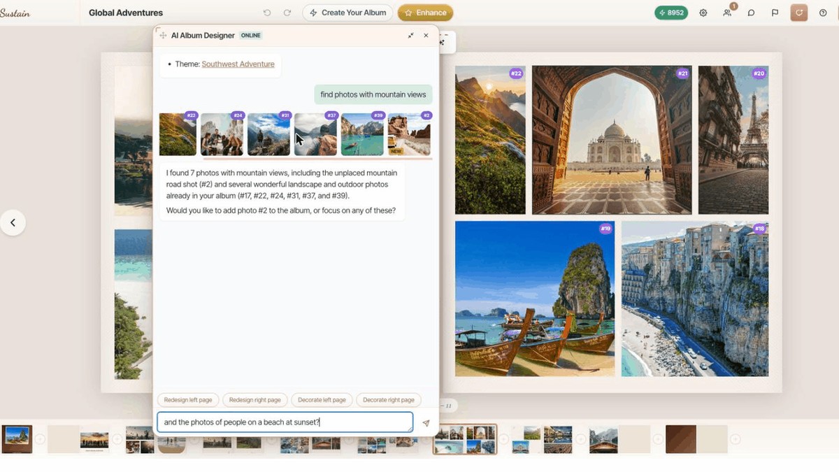 The Sustain album assistant answering “find photos with mountain views” with a row of photo thumbnails, one marked “new”