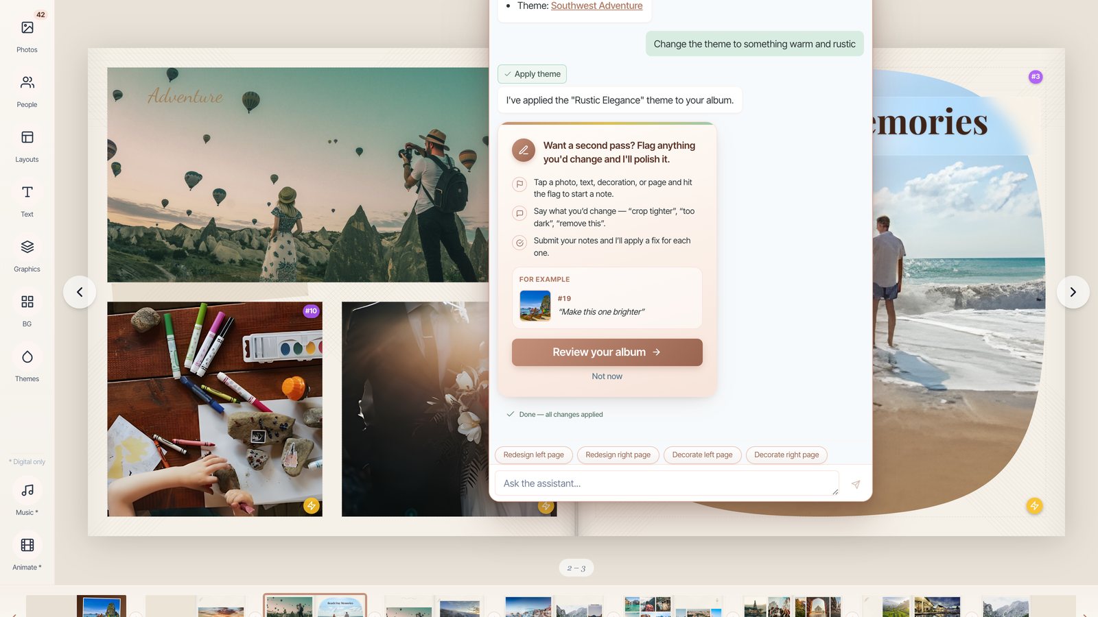 The AI Album Designer chat open beside an album spread in the Sustain editor